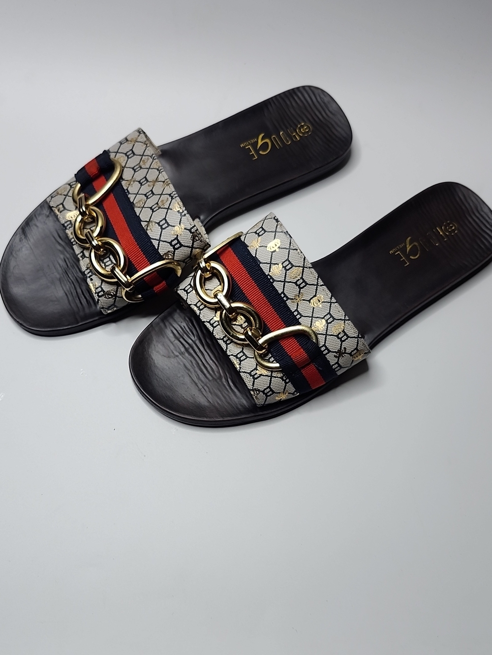 Rouge Helium Black Slide Mules with Gold Chain and Red-Navy Stripe